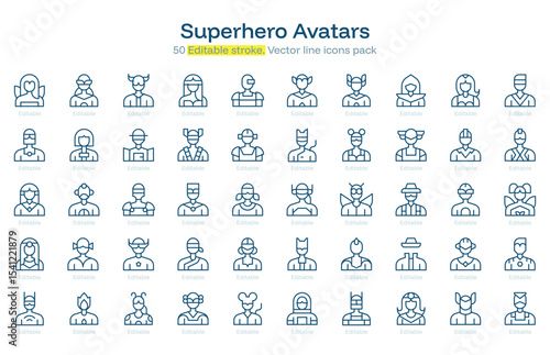  Superhero Avatars line icon pack. Superhero Avatars Stroke icon set. Editable Stroke icon