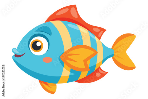 Cartoon Fish Illustration with Blue Body, Yellow Stripes and Orange Fins