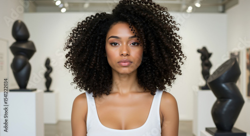 African American woman with voluminous curly hair in white tank top against gallery wall. Natural curl texture and styling for salon treatments and hair care services