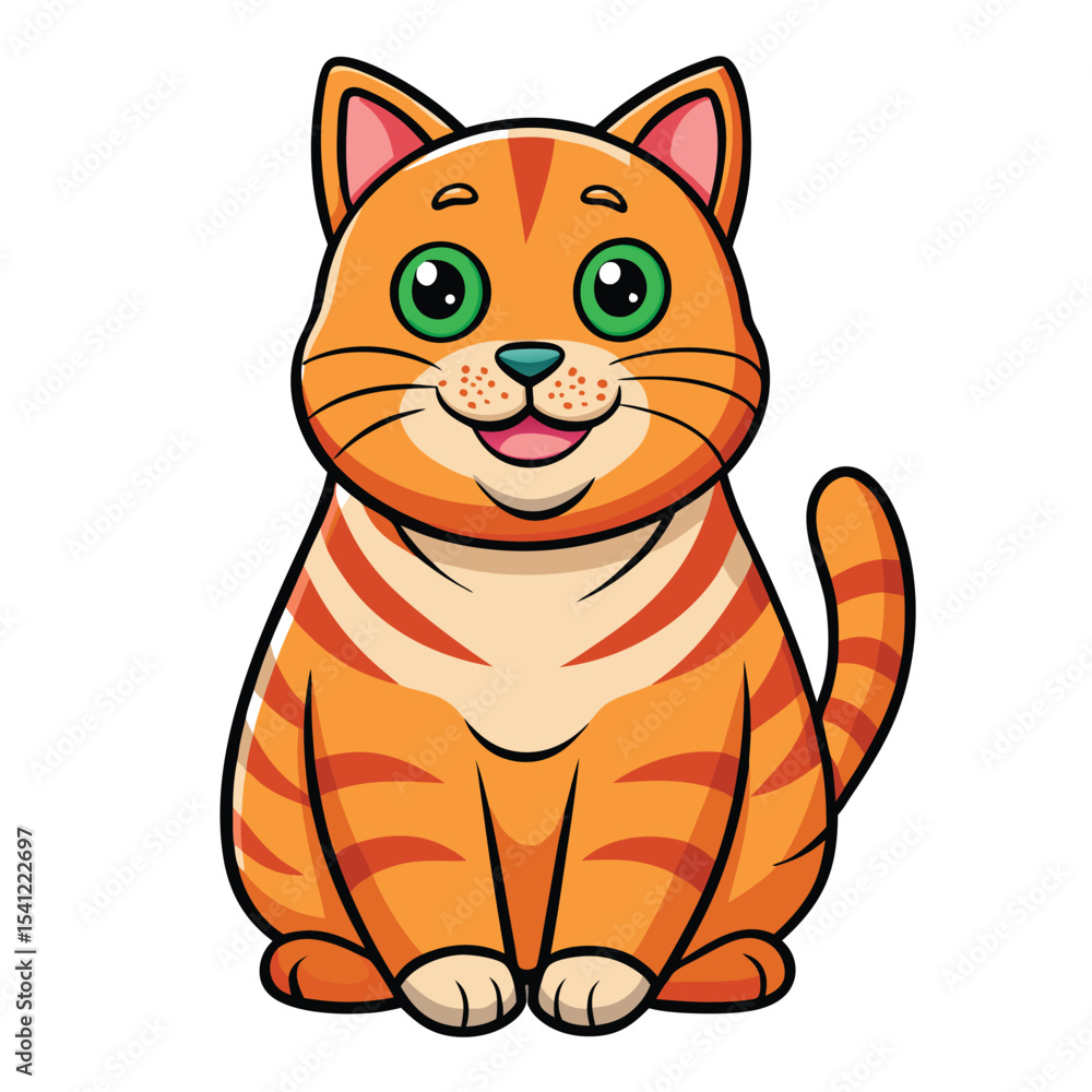 Cartoon Ginger Cat with Green Eyes Sitting Upright, Paws Together on White Background Cartoon Ginger Cat with Green Eyes Sitting Upright, Paws Together on White Background