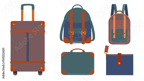 Illustration showcasing diverse luggage options including a suitcase backpacks and a document bag design