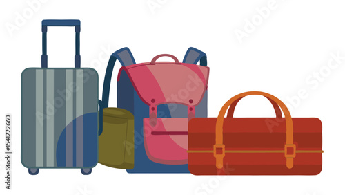 Illustration of a suitcase with handle, a backpack, and a duffel bag arranged side by side on white
