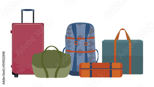 Illustration of a collection of luggage including a suitcase a backpack and various duffel bags