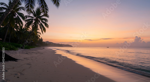 Beautiful beach scene at sunset with palm trees and calm ocean waves