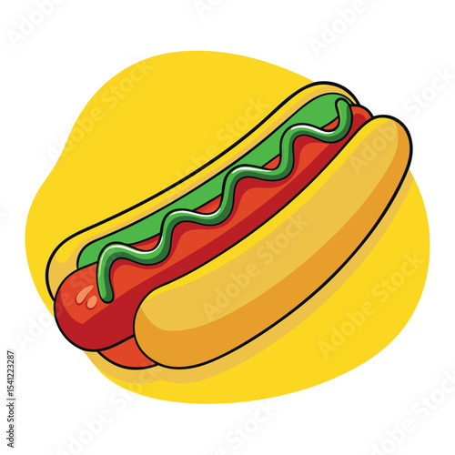 Cartoon Hotdog with Green Relish on a Yellow Background, Isolated on White