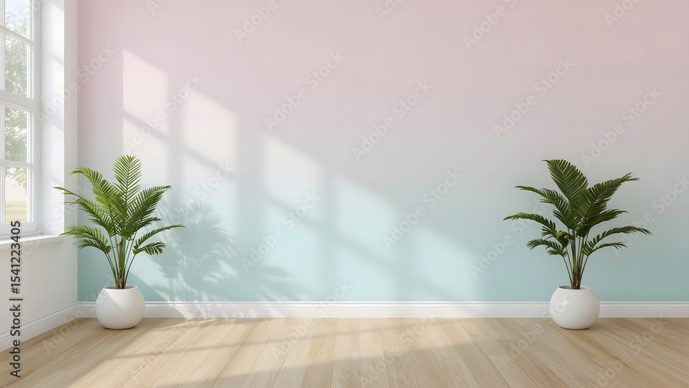 interior with large window, 3d render and vase with plant pink soft pastel background interior with large window, 3d render and vase with plant pink soft pastel background