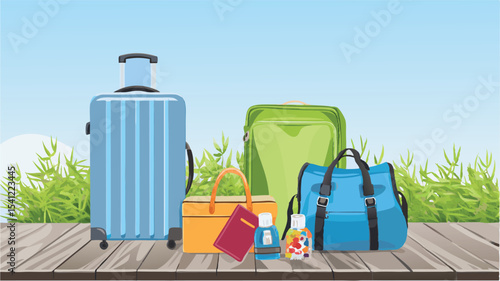 Illustration of various travel bags including a suitcase, duffel bag, and smaller luggage items on a deck