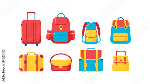 Illustration of various travel bags including suitcases and backpacks in bright colors and simple design