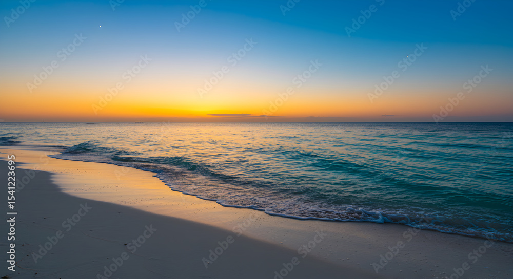 Fototapeta premium Beautiful Beach Sunset with Calm Ocean Waves and Golden Hour Colors