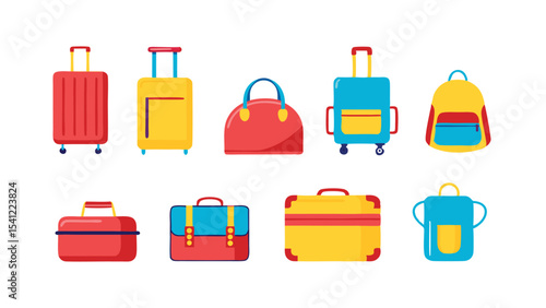 Illustration showing a collection of different types of luggage and travel bags on a white background