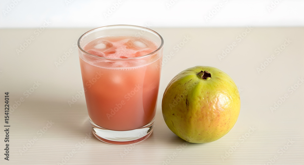 Glass of Iced Pink Guava Juice with a Whole Guava Fruit on a Light Surface Glass of Iced Pink Guava Juice with a Whole Guava Fruit on a Light Surface