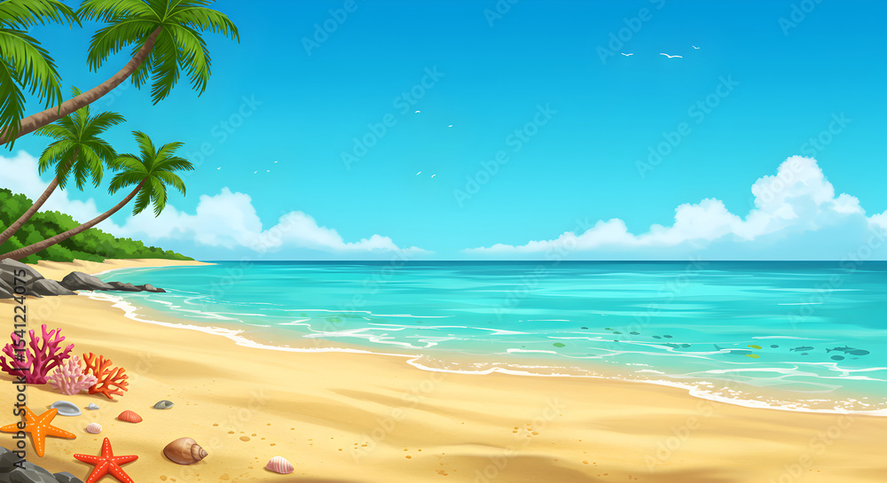 Fototapeta premium Beautiful illustration of a tropical beach with clear water and palm trees