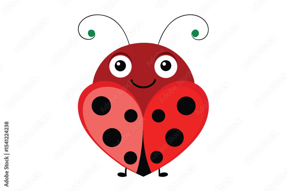 Cartoon Ladybug with HeartShaped Wings, Black Spots, and Curly Antennae on White Background Cartoon Ladybug with HeartShaped Wings, Black Spots, and Curly Antennae on White Background