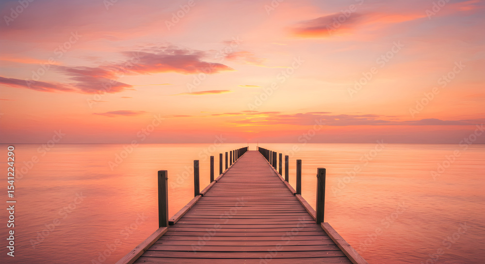Fototapeta premium Beautiful Sunset Over Calm Ocean With Wooden Pier Extending Out to the Horizon