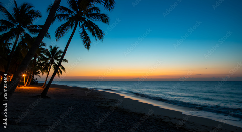 Fototapeta premium Beautiful Sunset Scene on a Tropical Beach with Palm Trees at Dusk