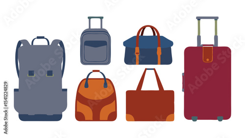 Illustration showing various types of bags including backpack, suitcase and duffel bags, all in a row