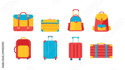 Illustration of eight different types of luggage including suitcases and backpacks for travelling needs