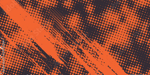 Orange and black grunge urban background with dry rough texture and halftones pattern. Hand drawn punk vector retro banner. Overlay texture stamps with vintage grunge modern