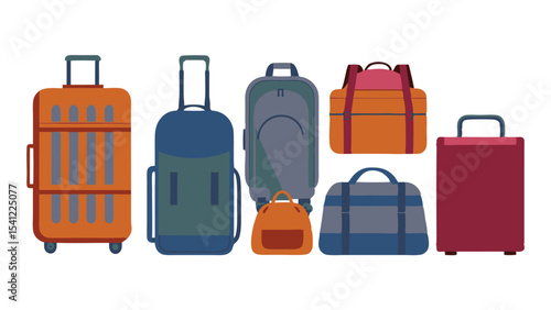 An assortment of luggage including suitcases duffel bags and backpacks in a colorful flat vector style