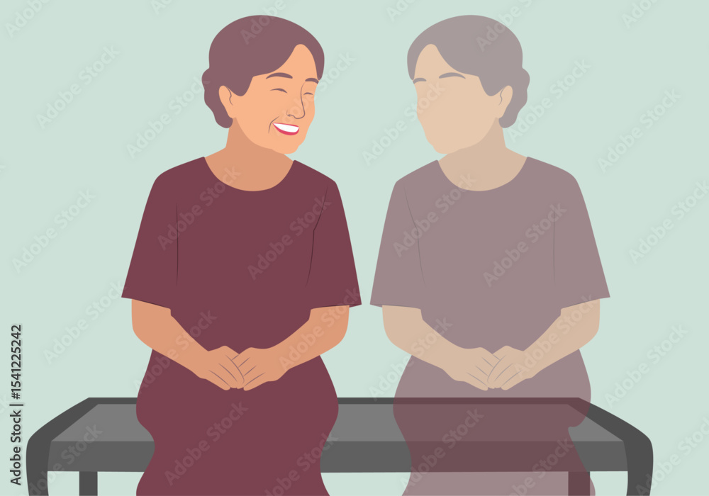 Fototapeta premium A lonely elderly woman talking to her imagined shadow minimal vector. 