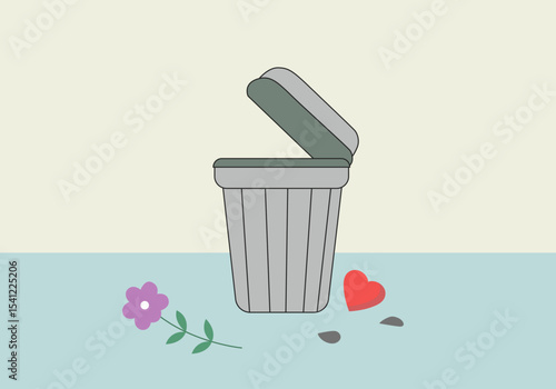 A heart and flower lying neglected beside a dustbin minimal vector. 