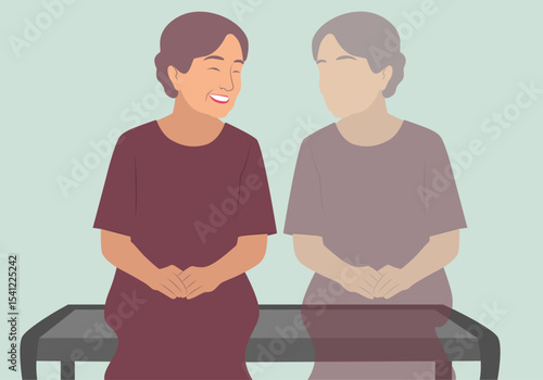 A lonely elderly woman talking to her imagined shadow minimal vector. 