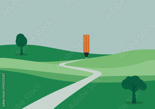 A pencil drawing a path through the hills minimal vector.