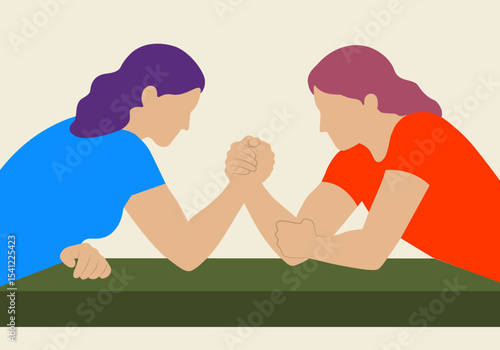 Two young women engaged in an arm-wrestling match, minimal vector.