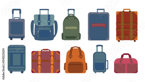 Illustration of various types of luggage including suitcases backpacks and duffel bags arranged neatly
