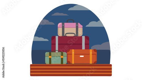 Illustration of a stack of luggage with a dark blue background and light gray clouds above them