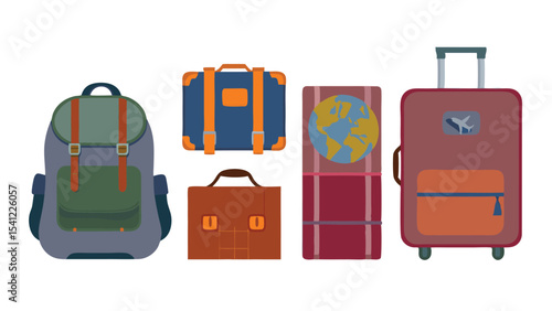 Illustration of a collection of travel bags including a backpack suitcase and various luggage items together