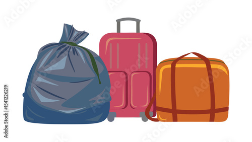 Illustration of a blue trash bag a pink suitcase and a brown duffel bag all sitting next to each other