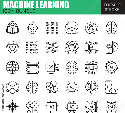 Machine Learning and AI Technology Icon Bundle – Flat Vector Icons for Neural Networks, Data Training, and Predictive Analytics