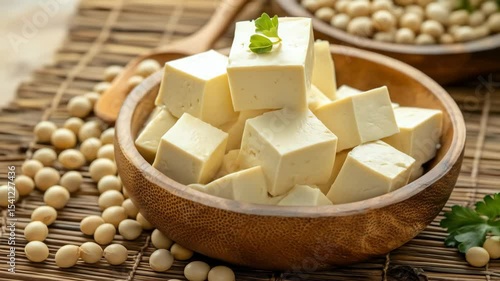 Cubed tofu in bowl with soybeans