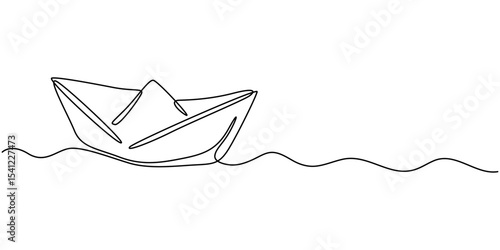 Paper boat in the sea one line art drawing, One continuous line drawing of paper boat. Origami ship concept for success leadership of business in simple linear style. Editable stroke. Doodle Vector
