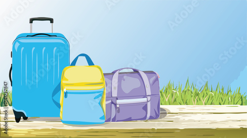 A set of luggage including a blue suitcase, a yellow and blue backpack, and a purple duffel bag on wood