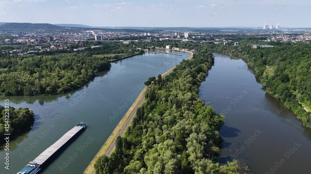 Vue aérienne de la Moselle canalisée, avec en fond la ville de Thionville et la centrale nucléaire de Cattenom. A gauche une péniche avance sr la rivière Vue aérienne de la Moselle canalisée, avec en fond la ville de Thionville et la centrale nucléaire de Cattenom. A gauche une péniche avance sr la rivière