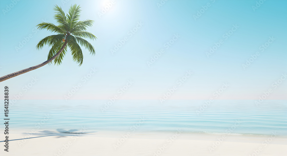 Idyllic beach scene with palm tree, sea, sand, and sunny sky for vacation Idyllic beach scene with palm tree, sea, sand, and sunny sky for vacation