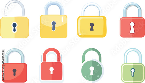 Vector Illustration of Eight Colorful Cartoon Padlocks in a Symmetrical Grid Layout on White Background Featuring Yellow, Red, and Green Locks with Unique Keyholes in a Playful, Minimal Style


