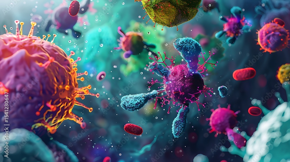Naklejka premium Colorful microscopic representation of various cells and microorganisms.