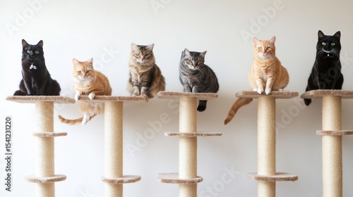 Group of cats sitting on cat trees against a plain background.