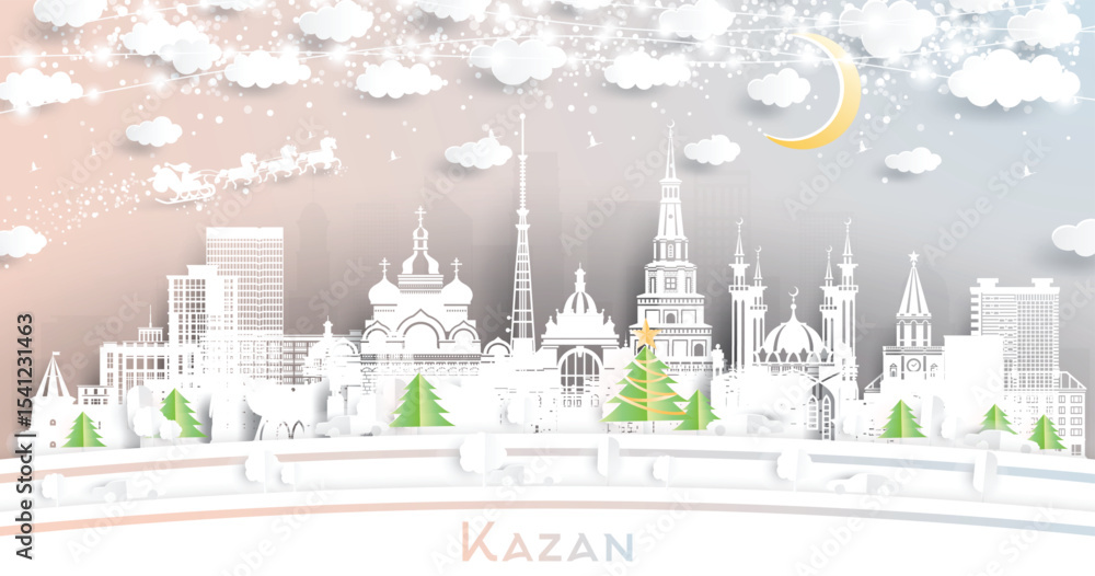 Fototapeta premium Kazan. Russia. Winter city skyline in paper cut style with snowflakes, moon and neon garland. Christmas and new year concept. Santa Claus on sleigh. Kazan cityscape with landmarks.