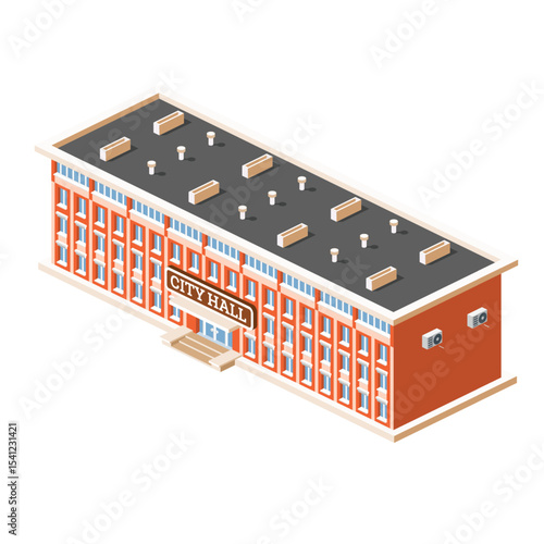 Isometric illustration of a city hall or town hall building with a red brick facade and flat roof. Building isolated on white background.