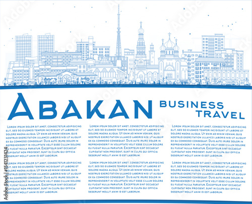 Outline Abakan Russia city skyline with blue buildings and copy space. Abakan cityscape with landmarks. Business travel and tourism concept with modern and historic architecture.
