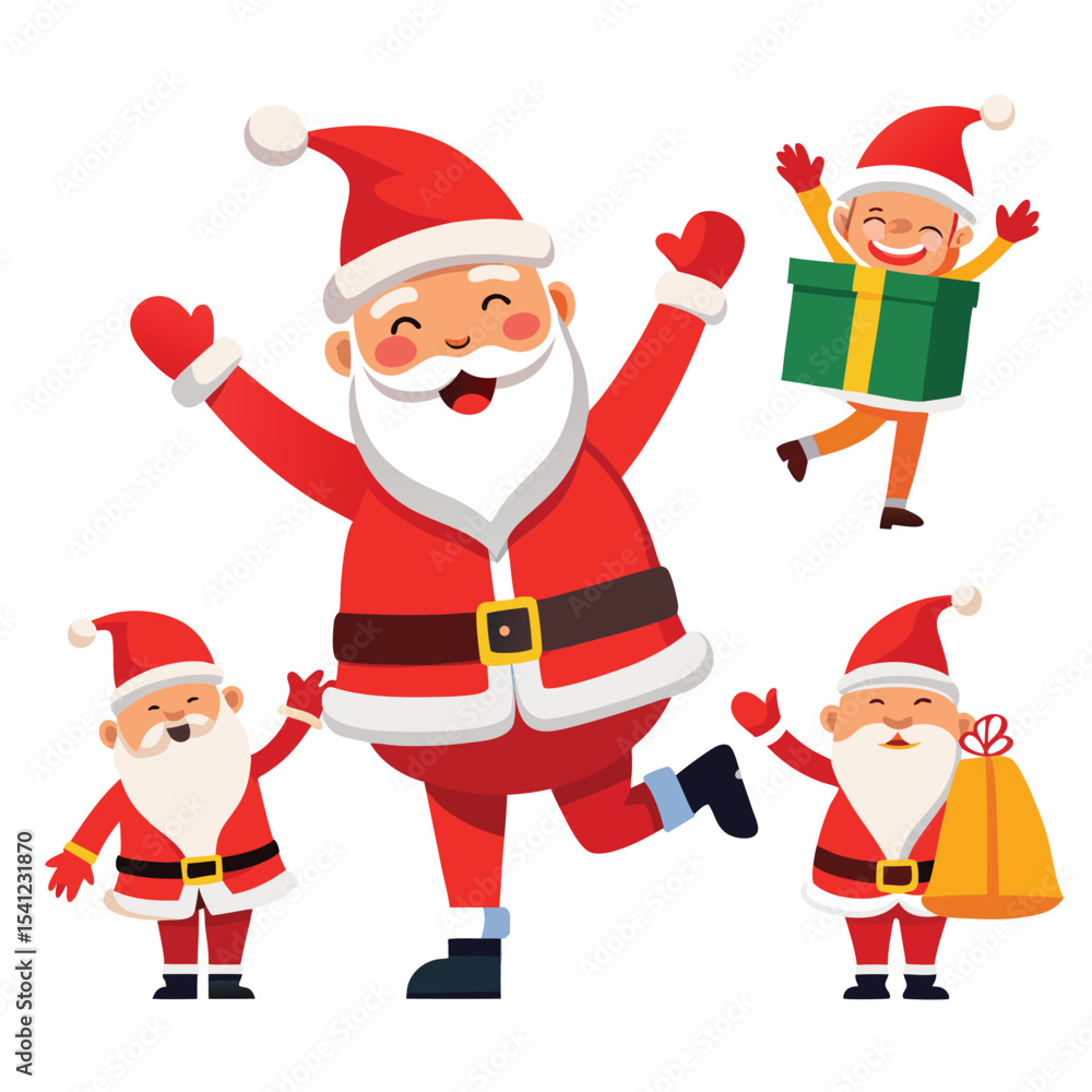 Happy cartoon Santa Claus and elf celebrating Christmas holiday with gifts Happy cartoon Santa Claus and elf celebrating Christmas holiday with gifts