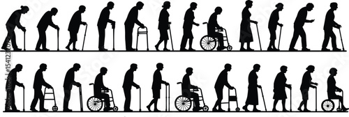Silhouette of elderly people walking, using cane, walker, wheelchair, senior mobility support
