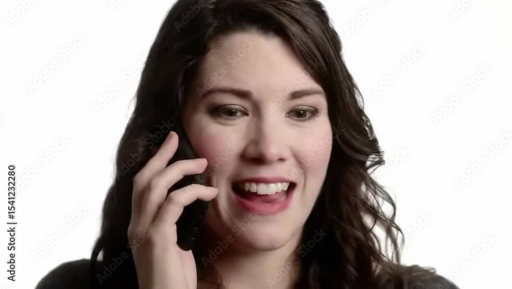Woman talking on smartphone with excited expression, white background. Woman talking on smartphone with excited expression, white background.