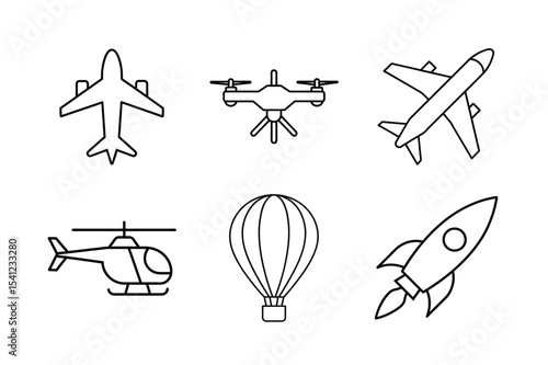 Air Transport and Flying Vehicle Line Icon Set