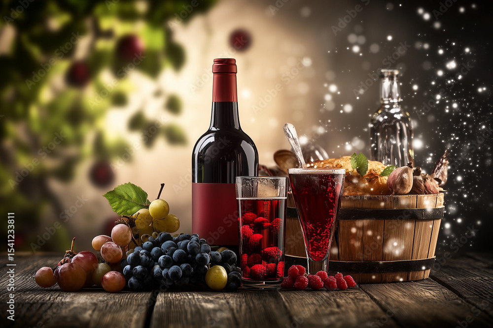 Obraz premium Bottle of wine and grapes on table in restaurant close up background..
