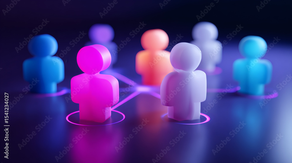 Obraz premium Colorful human-shaped icons connected by glowing lines representing social networking and digital communication.
